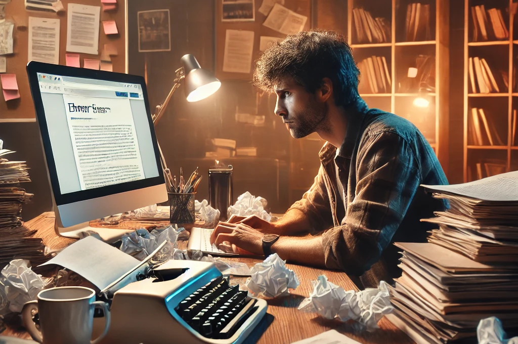 A frustrated writer sits at a cluttered desk with a computer displaying an article, surrounded by scattered papers and a half-empty coffee mug. The dim, warm lighting highlights the writer’s exasperated expression as they type. Bookshelves and sticky notes fill the background, emphasizing the chaotic creative process.