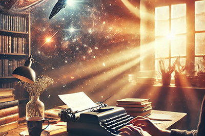 A writer sits at a wooden desk, typing on an old-fashioned typewriter, with sunlight streaming through a large window in the background. Pages of notes and books are scattered across the desk, while cosmic elements, including a galaxy and spacecraft, appear subtly blended into the warm, cozy room. The scene evokes creativity, imagination, and the beginning of a new writing journey.