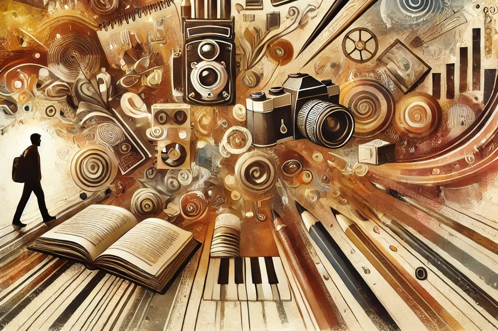 Abstract image symbolizing personal growth and creativity for Justin Adelmann's blog post. The image features books, photography tools, writing materials, and abstract representations of exploration and curiosity in warm tones like oranges, yellows, and earthy browns.