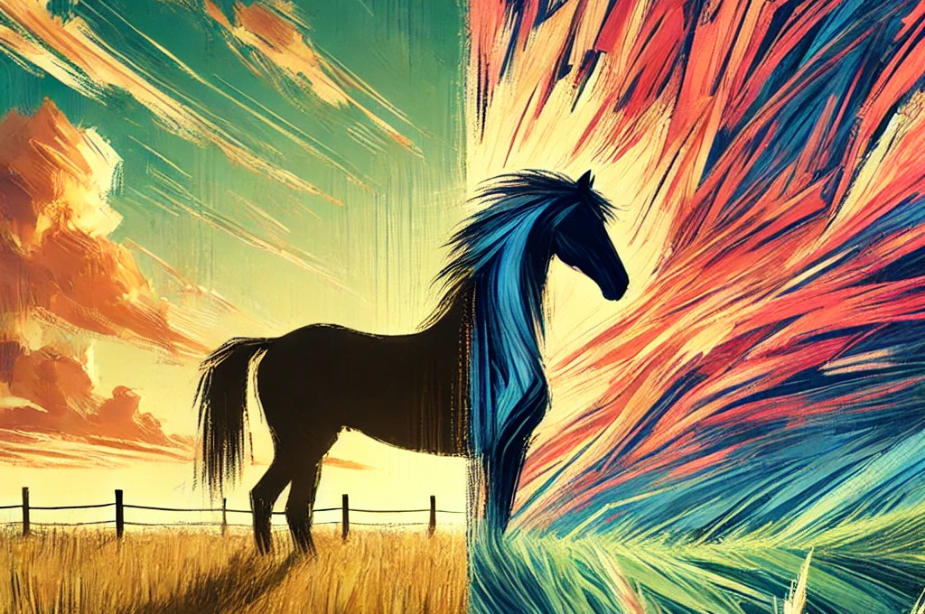 Surrealistic artwork by Justin Adelmann depicting the silhouette of a horse standing in a field under a vibrant sky, blending realism with abstraction. The left side shows a calm, detailed landscape, while the right side features energetic, expressive strokes and muted colors, symbolizing a fusion of serenity and passion.