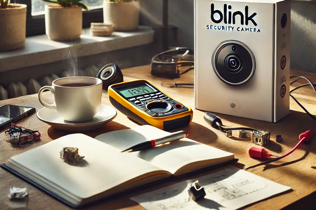 Justin Adelmann's desk setup with a journal, coffee cup, multimeter, and a Blink camera box in a cozy, sunlit room.