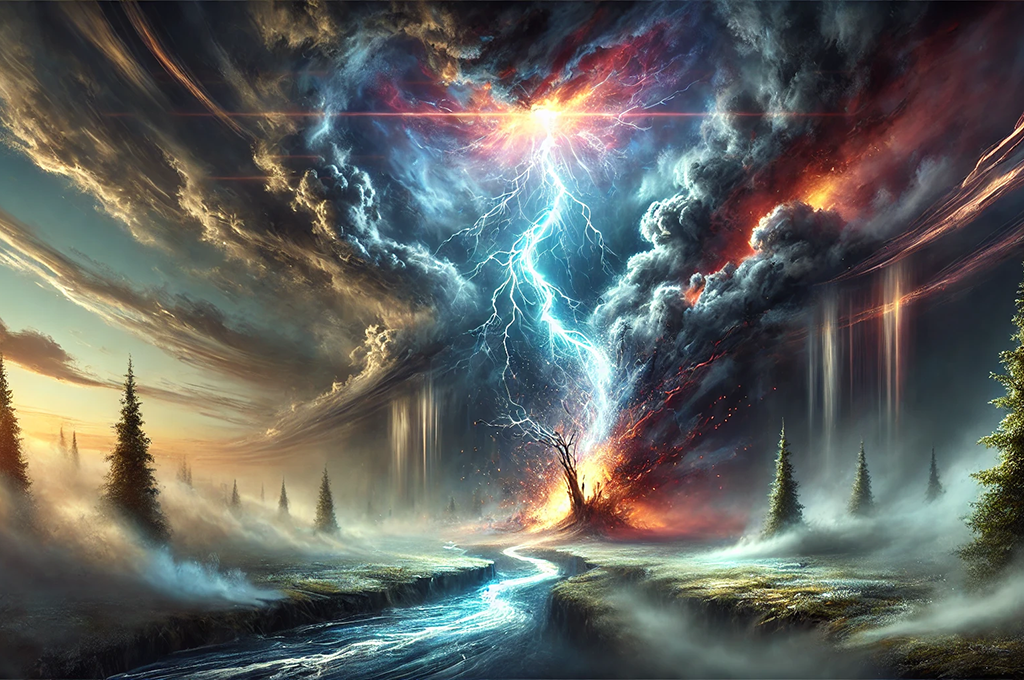 Justin Adelmann: A fantastical depiction of a lightning strike in a stormy night sky, with a jagged bolt of light descending from swirling dark clouds, illuminating the ground below. A split tree smolders with glowing embers, surrounded by faint mist, creating an ethereal and dramatic scene that feels otherworldly and mythical.